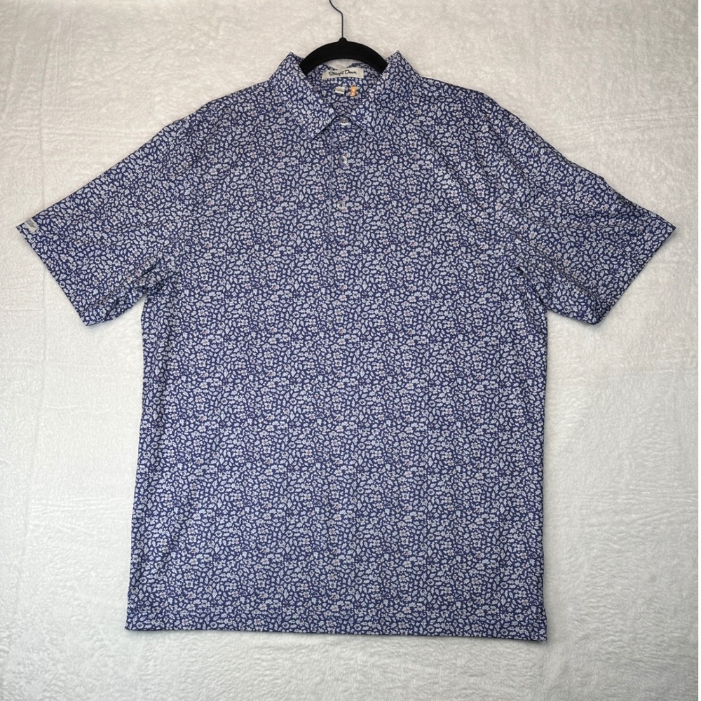 Straight Down Polo Shirt Mens Medium Blue Floral UPF 50 Short Sleeve
